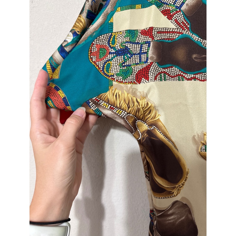 Ralph Lauren Silk Scarf Blouse Top XS Beige Moccasins Native American Luxury - Picture 8 of 11